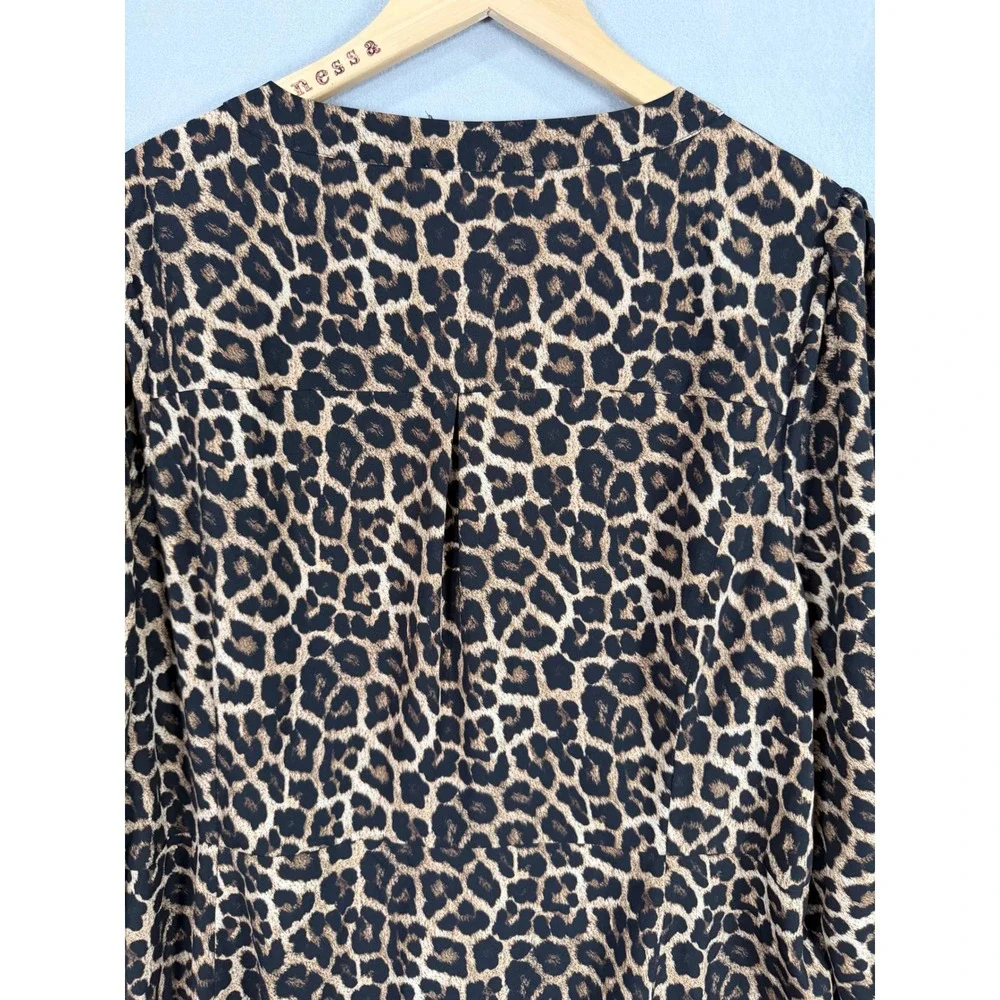 Michael Kors Midi Dress Womens 2X Brown Leopard Print Button Up Long Sleeve